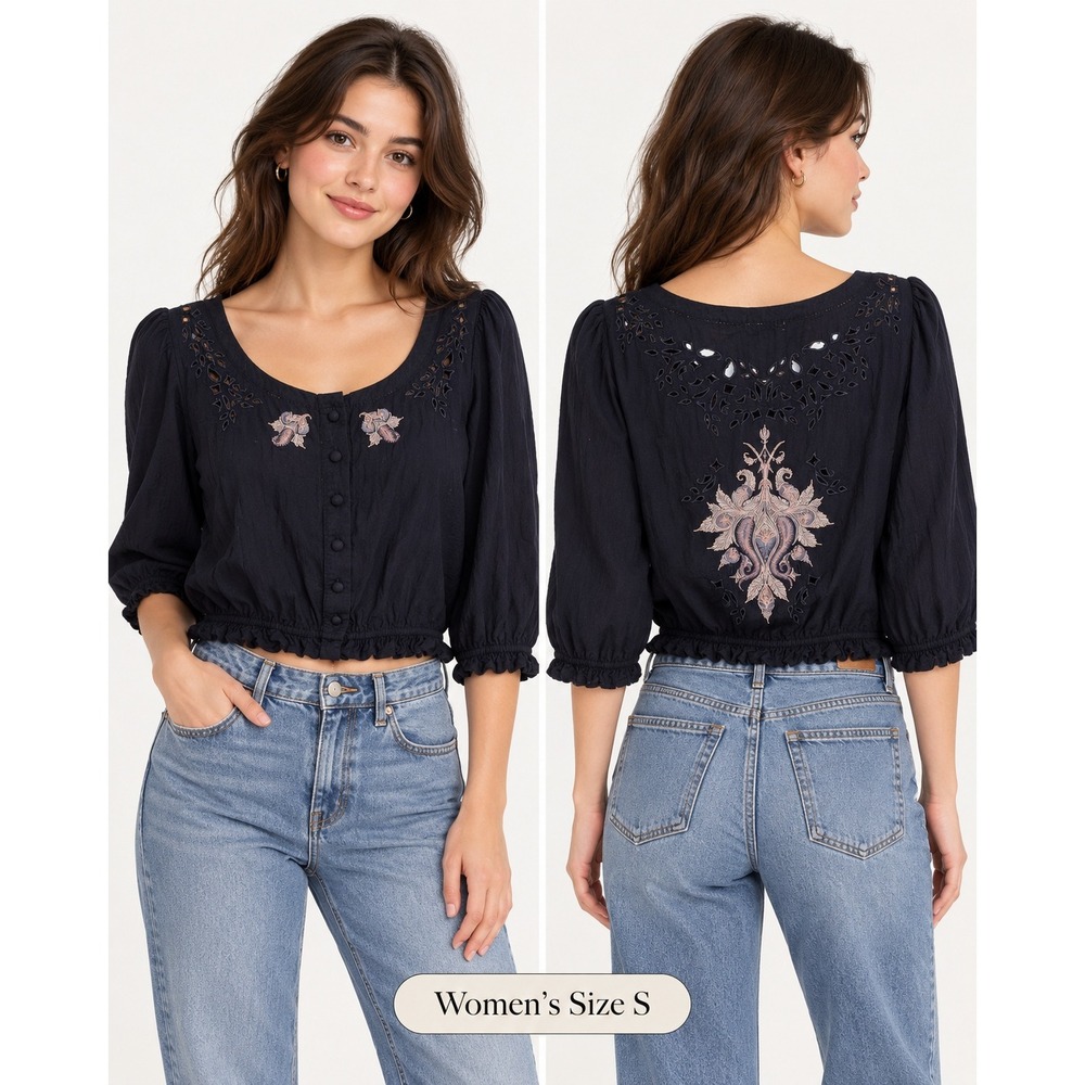 Kimchi Blue Urban Outfitters Women's S Navy Embroidered Cutout Boho Blouse Top